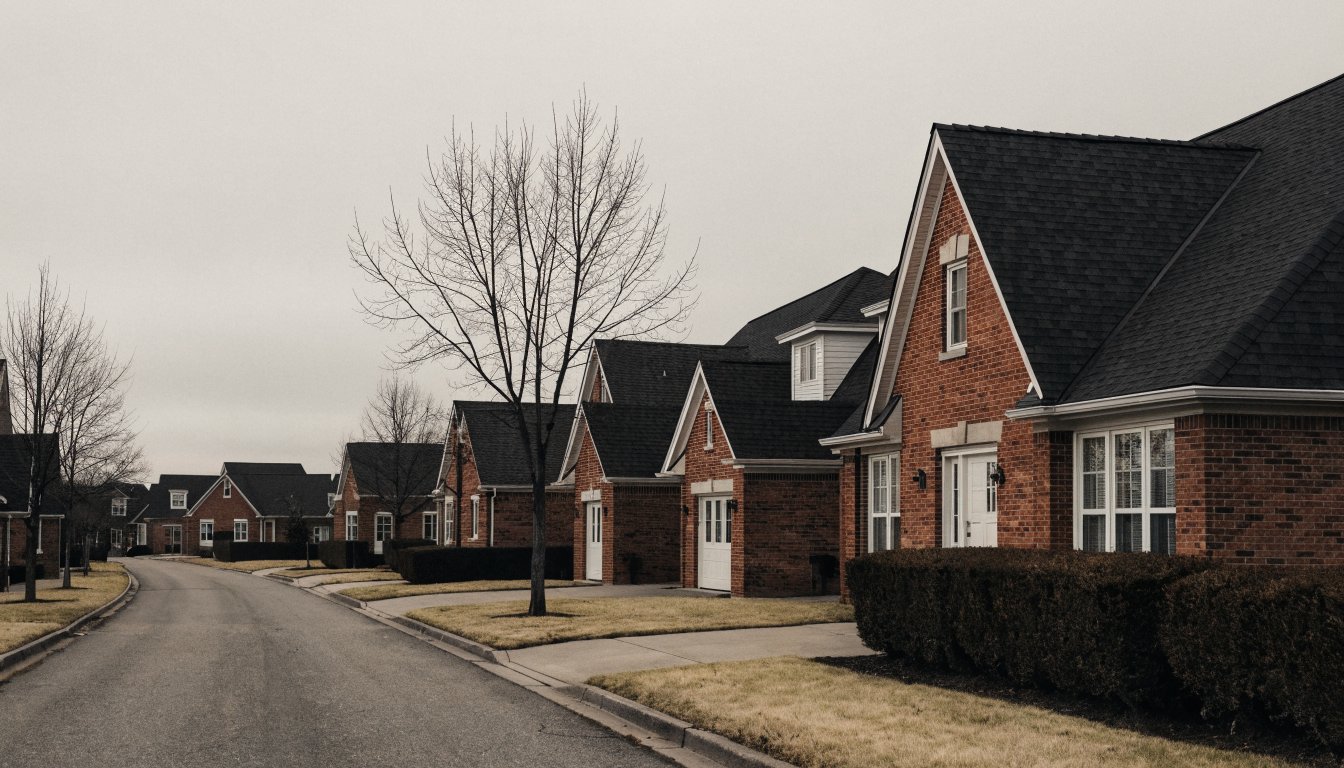 A quiet street of detached brick houses under overcast skies, illustrating the prohibition on the purchase of residential property by non-Canadians.