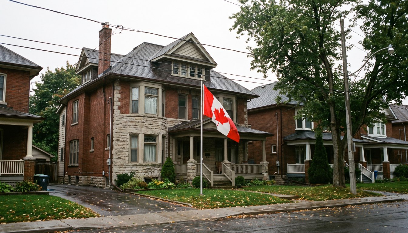 A Canadian flag on a pole in front of a large Toronto house on a quiet street