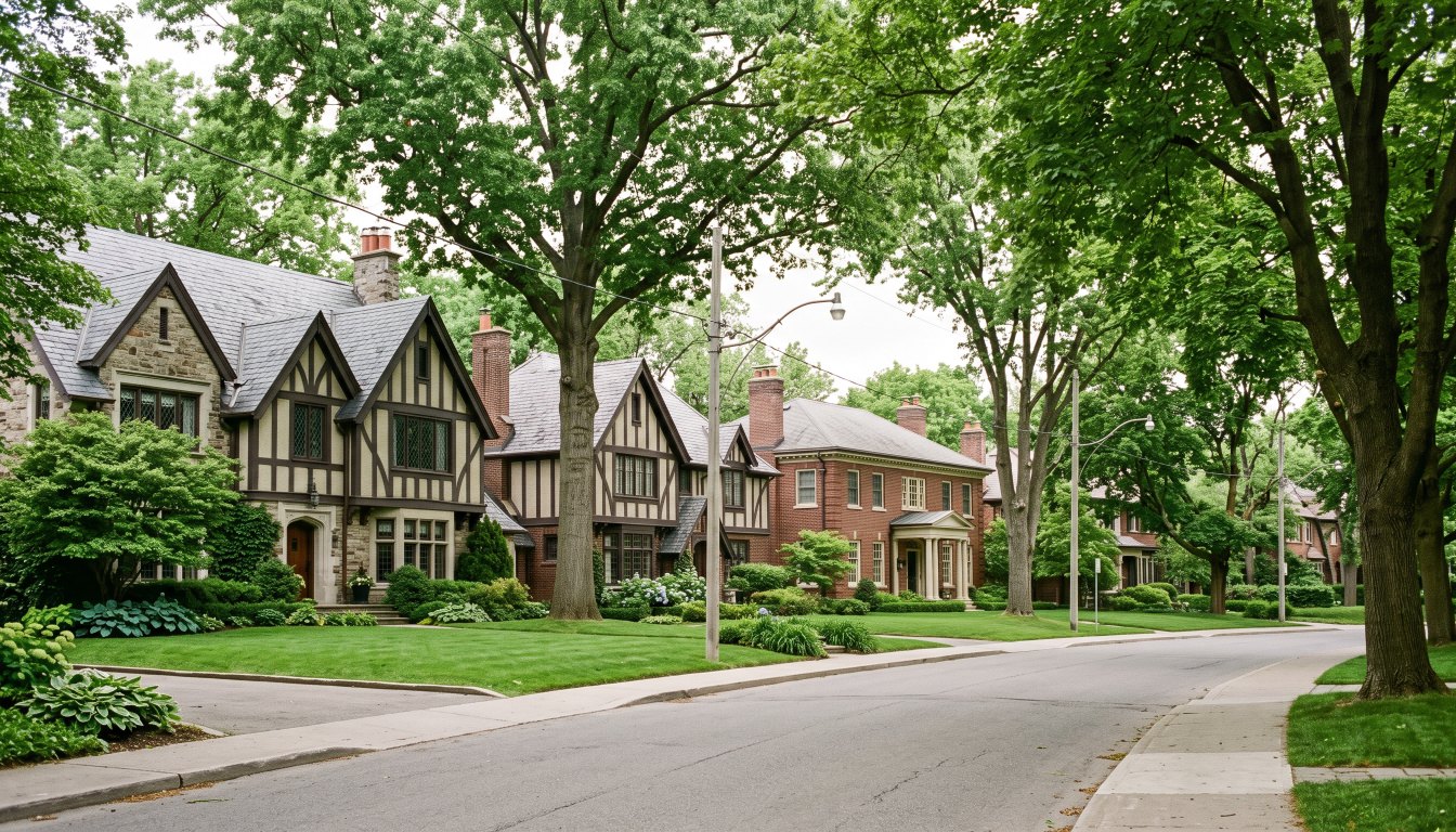 Large Tudor and Georgian revival houses on a leafy Toronto street with wide front lawns