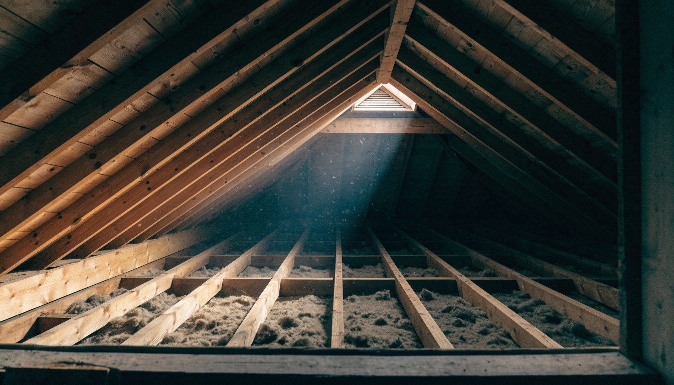 An empty attic with rafters and dust in a shaft of daylight, illustrating checks on a property with a former grow operation.