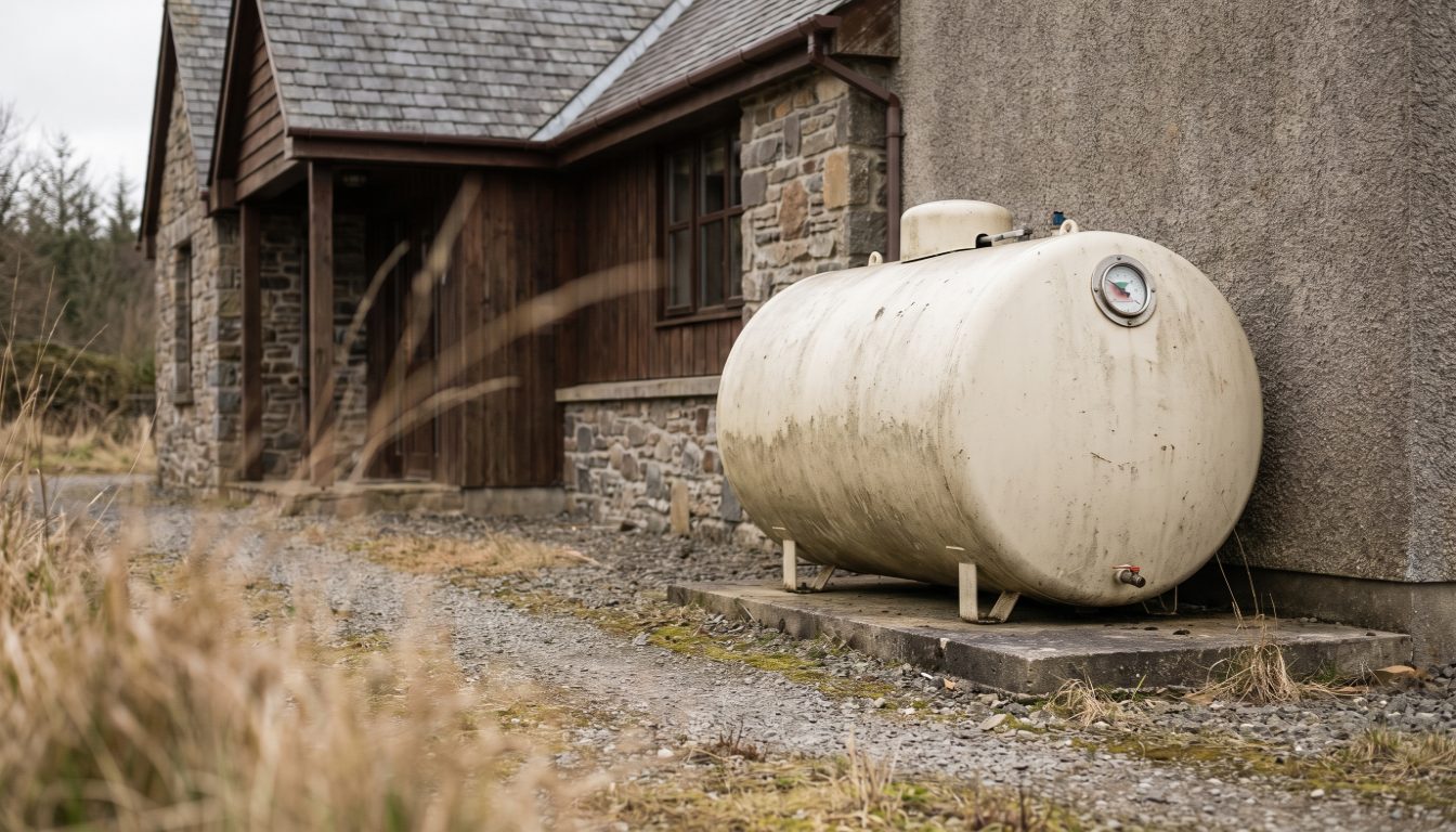 Basement fuel oil tank with a float gauge standing beside a furnace in an older Ontario home on closing day