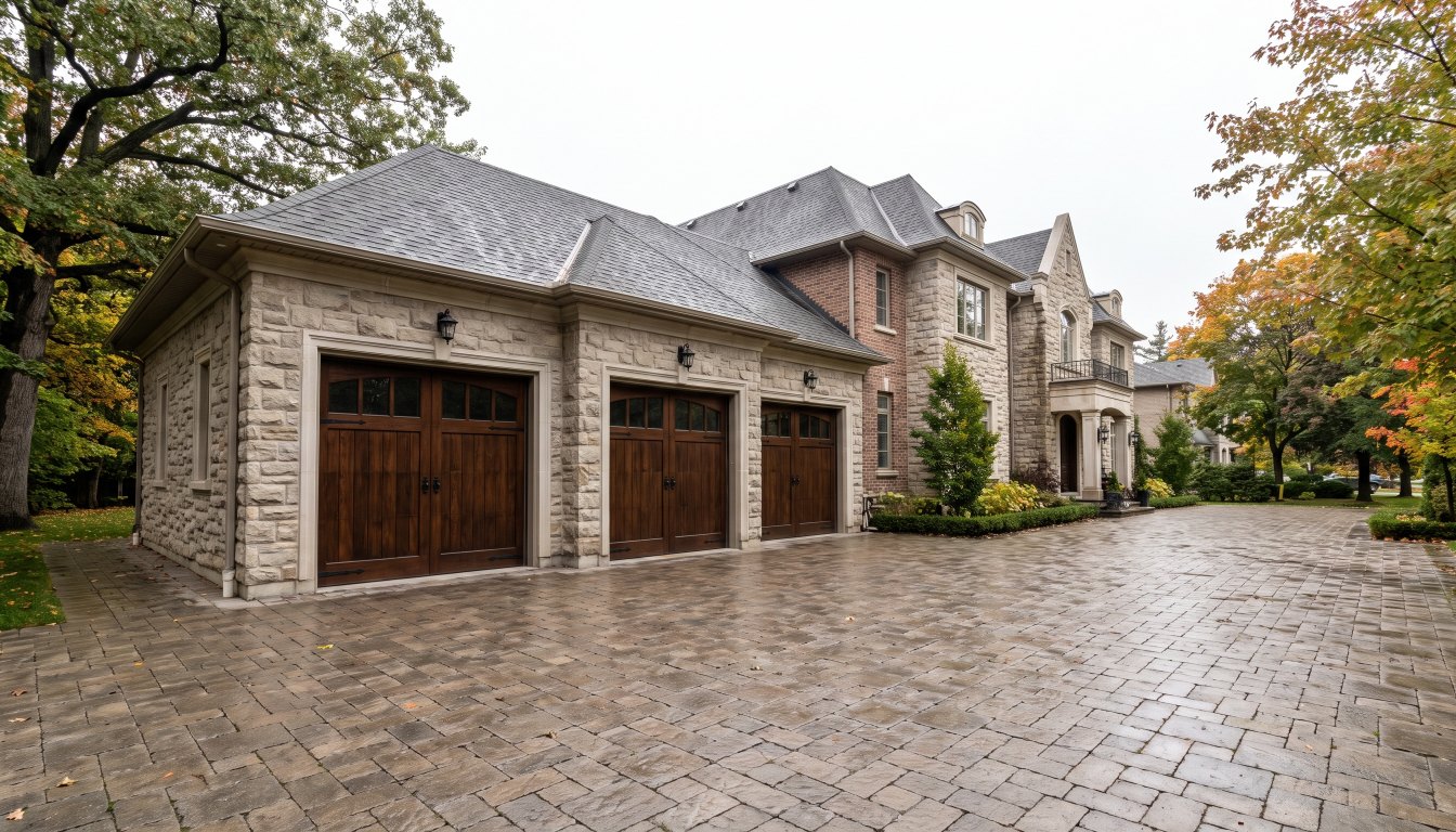 A three bay garage on a Toronto luxury home with dark wood doors and a wide motor court