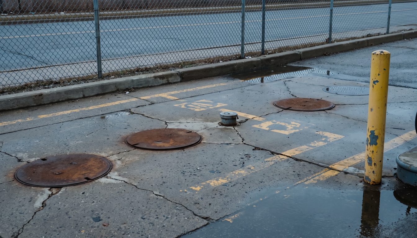 Concrete forecourt slab with tank access covers and monitoring wells after rain