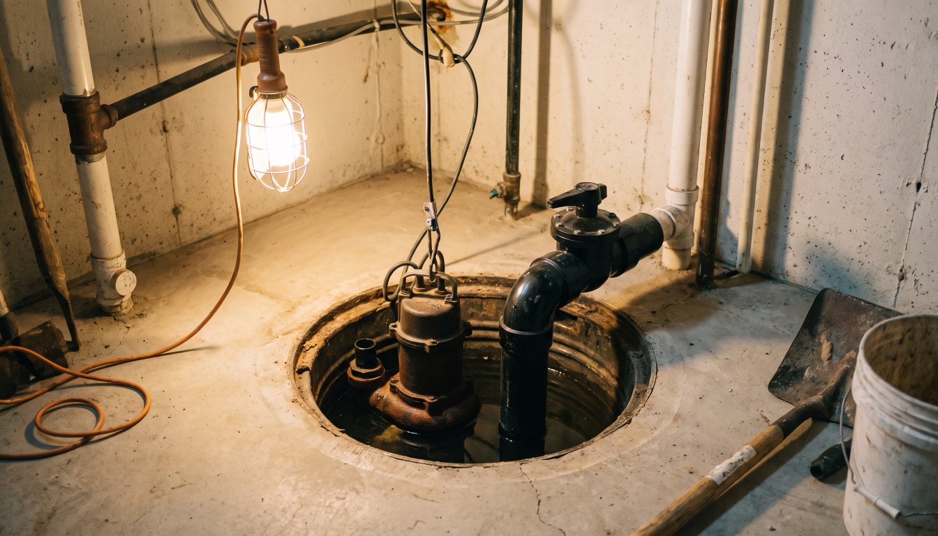 A sump pit with a pump and a backwater valve in a clean unfinished basement