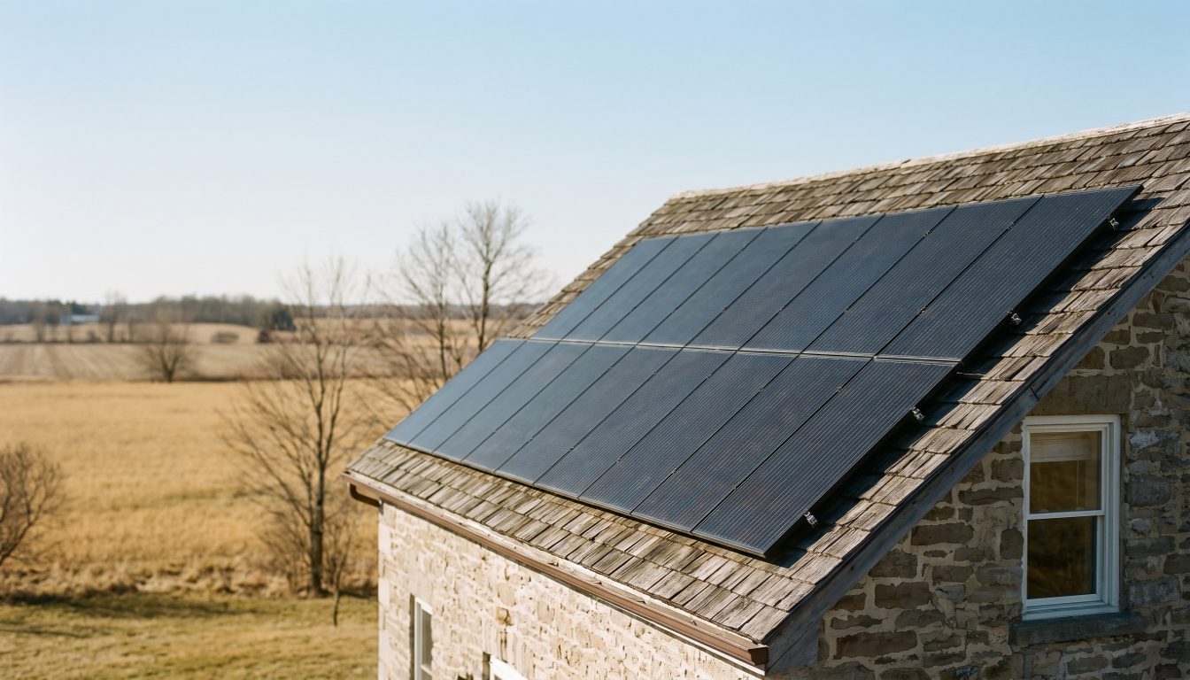 Rooftop solar panels on an Ontario rural home with a wind turbine visible on the horizon behind the treeline