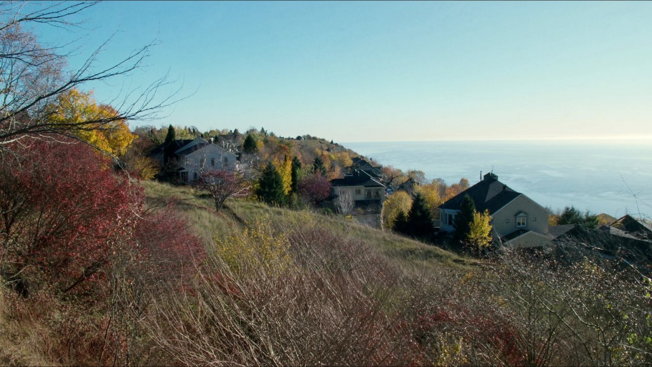 Mature treed residential street ending at a lake overlook on the Scarborough shoreline (illustrative)