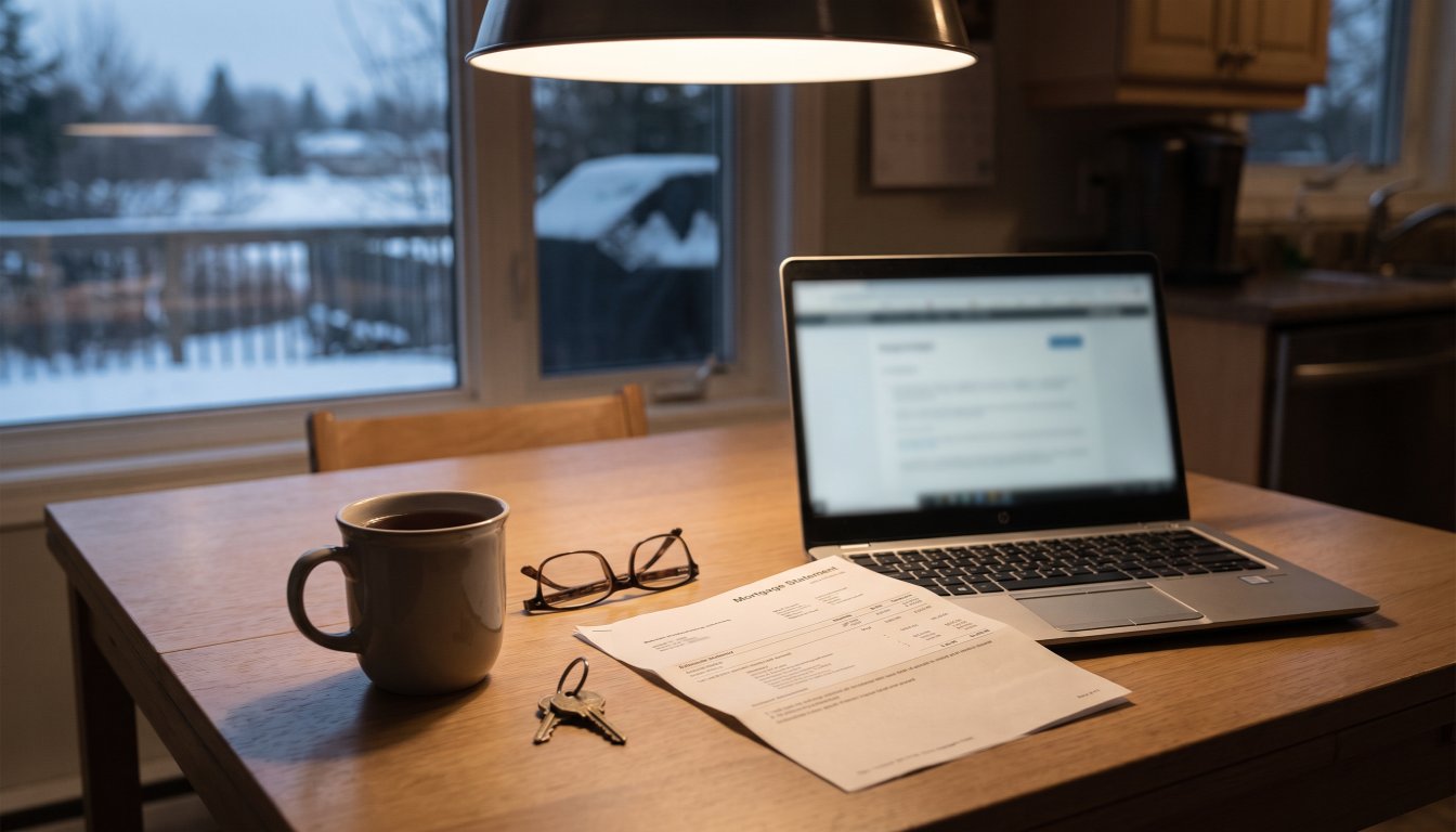 A kitchen table at dusk with a laptop, mortgage paperwork and a house key
