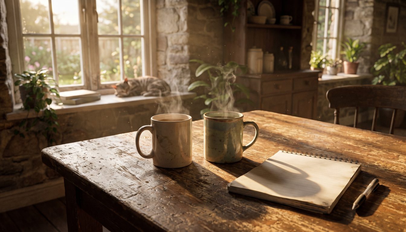 Two mugs of tea on a kitchen table beside a notepad in an older Etobicoke home (illustrative)
