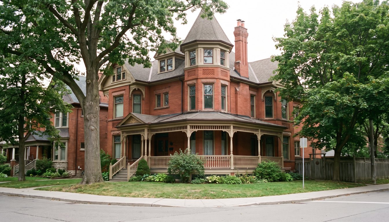 A designated heritage red brick house in Toronto with a turret and original wood porch