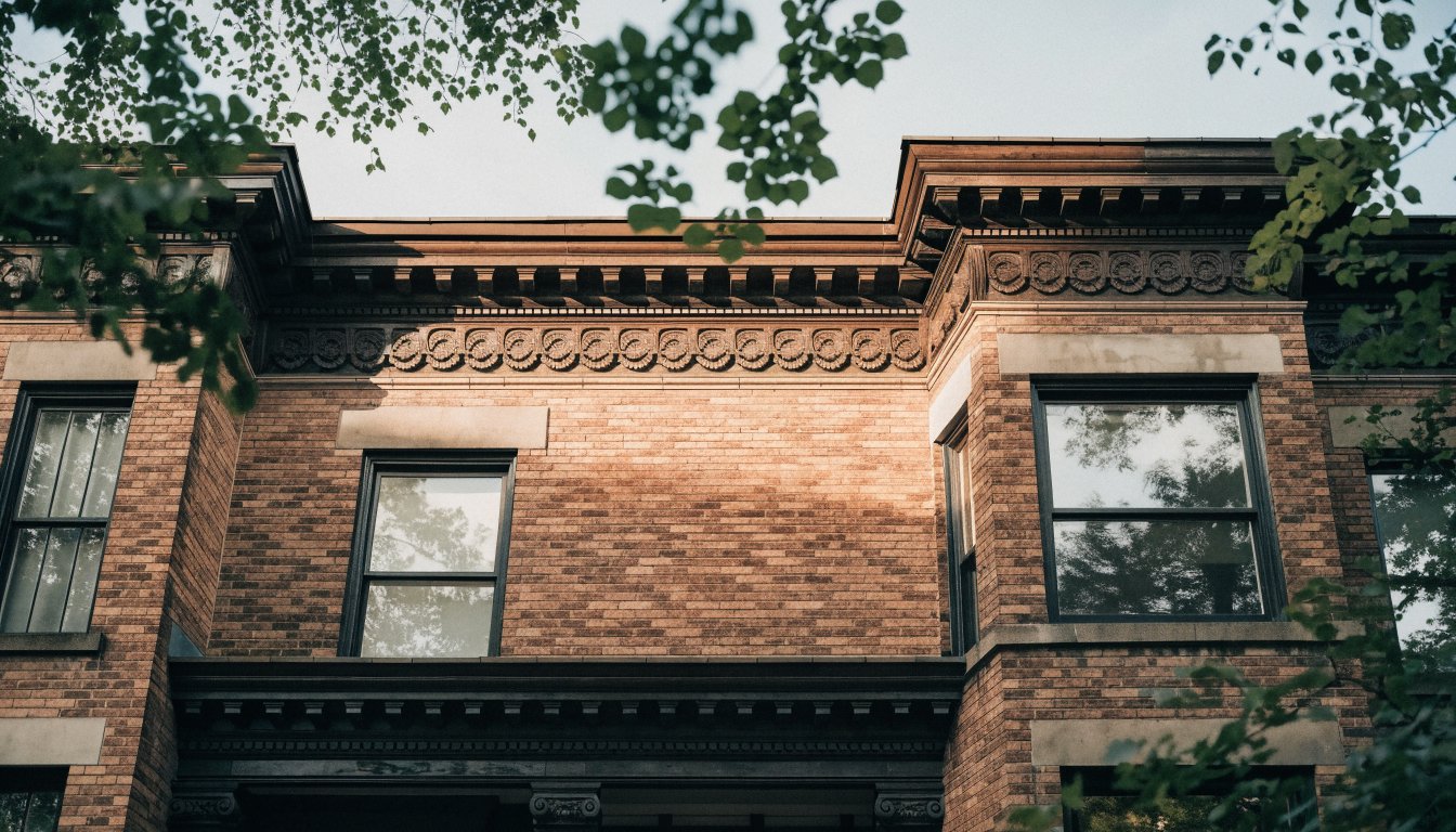 The brick facade and ornate bargeboard of a late-Victorian Toronto house