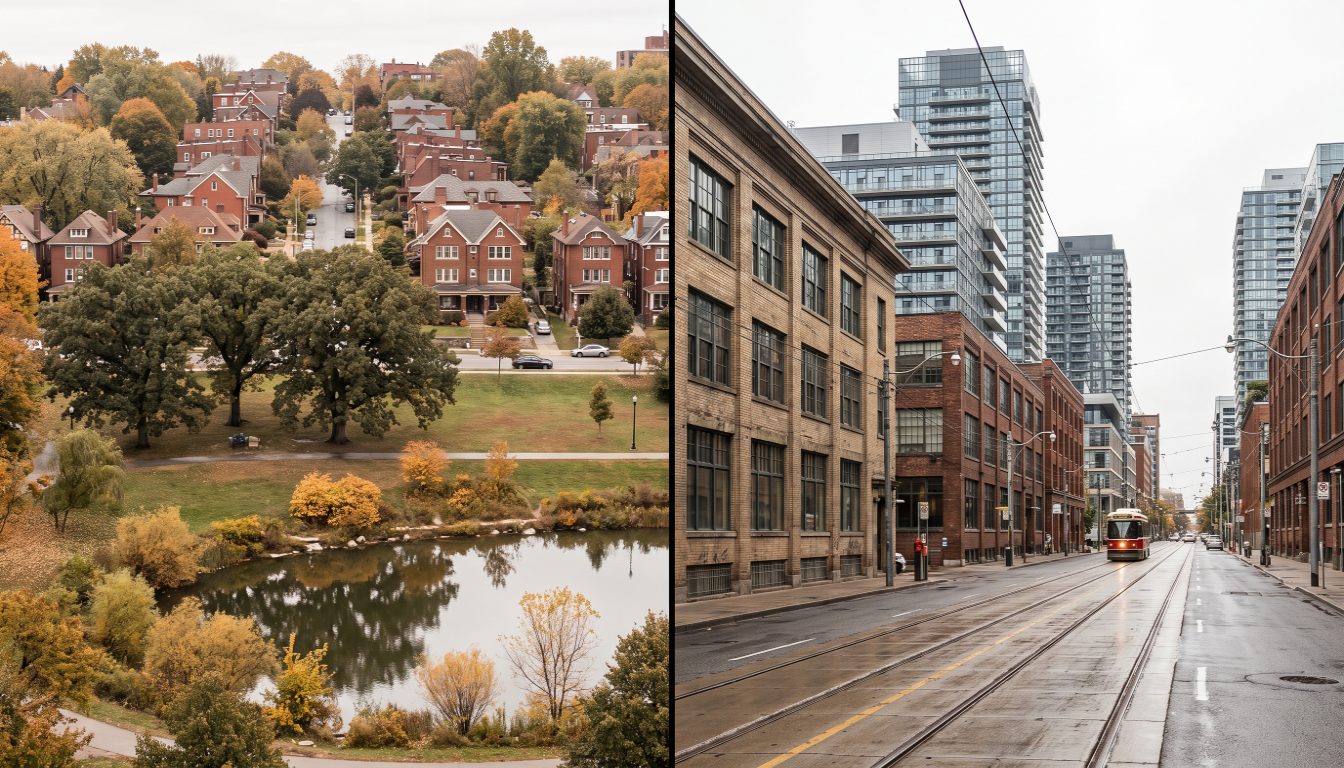 A Swansea side street with parked cars and mature trees beside the King Street West condo towers and streetcar corridor