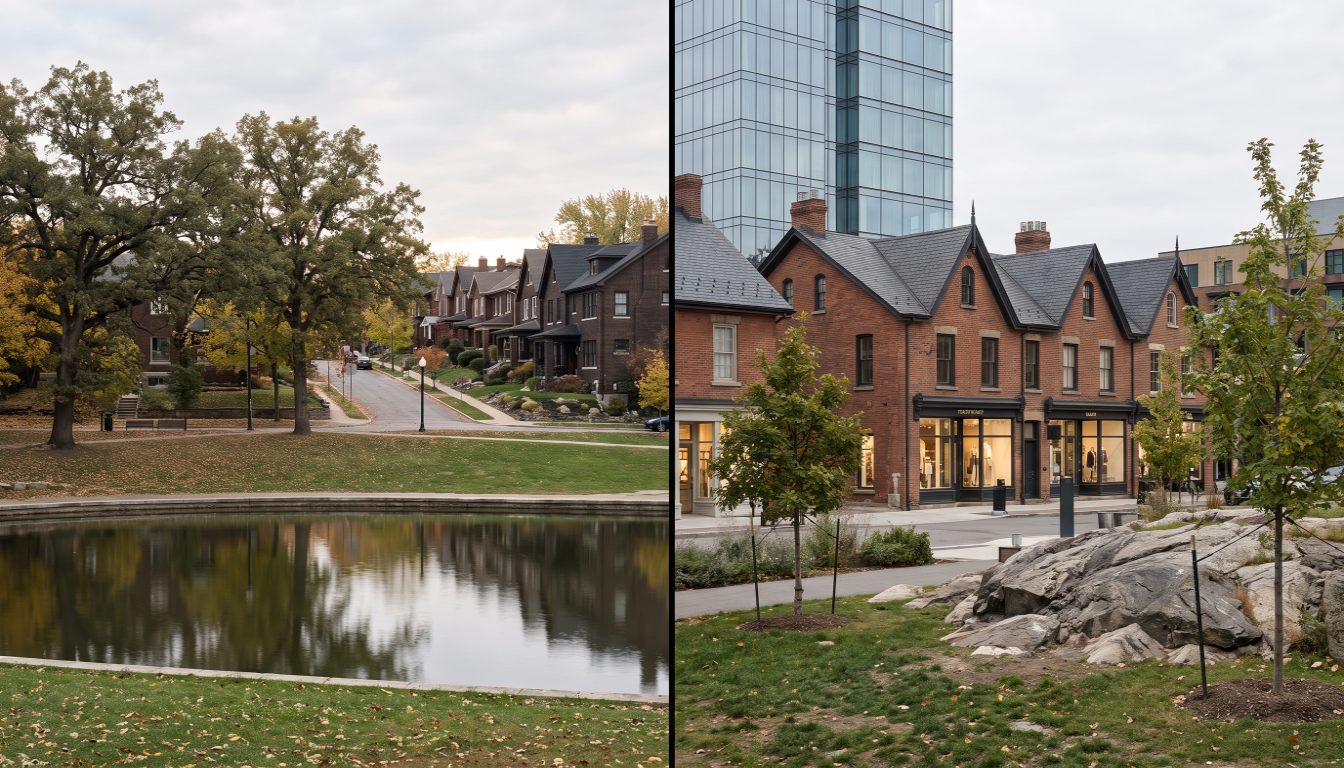 Mature oaks and a pond in High Park set against the luxury shopfronts and glass towers of Yorkville on Bloor Street West