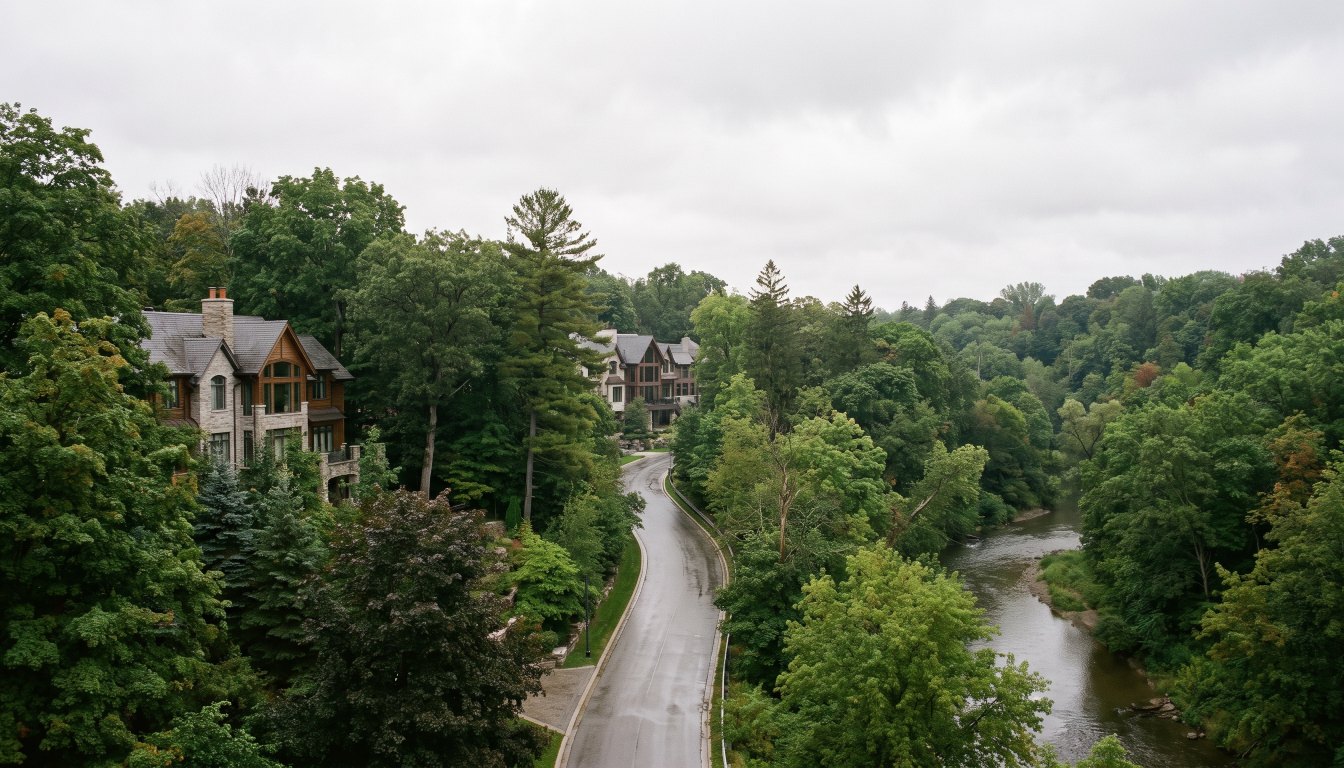 Large houses set into a wooded river valley in Toronto with the road descending into it