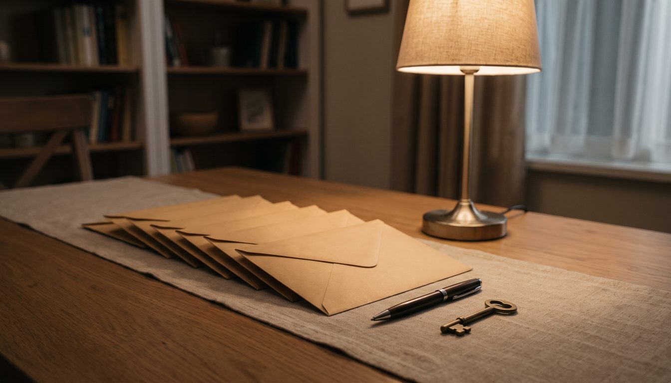 Sealed envelopes arranged on a dining table in a staged home (illustrative)
