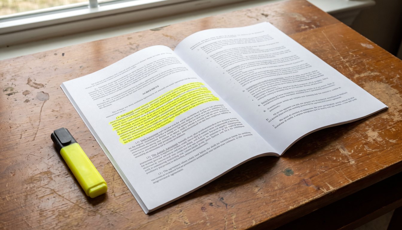 A printed agreement with one clause highlighted in yellow beside a highlighter