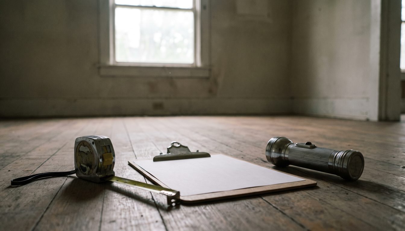 Measuring tape, clipboard and flashlight on a hardwood floor in an empty house (illustrative)
