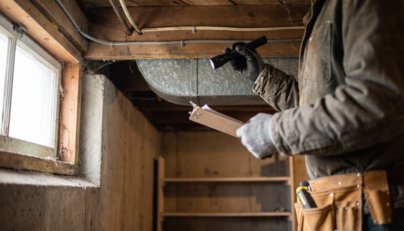 Home inspector kneeling beside a basement furnace with a clipboard while a buyer's agent checks a deadline