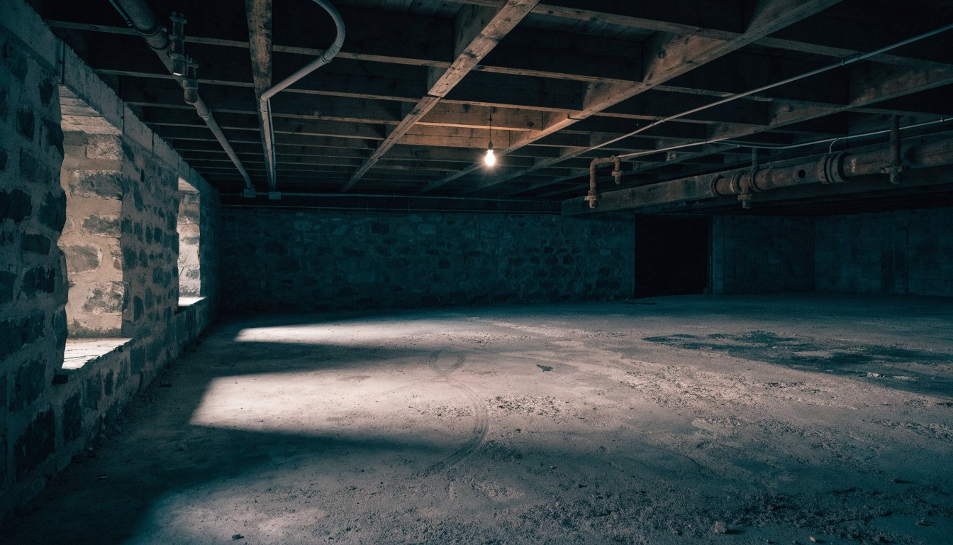 An unfinished basement in an older Ontario house with exposed joists and old pipework, illustrating what a home inspection can and cannot see.