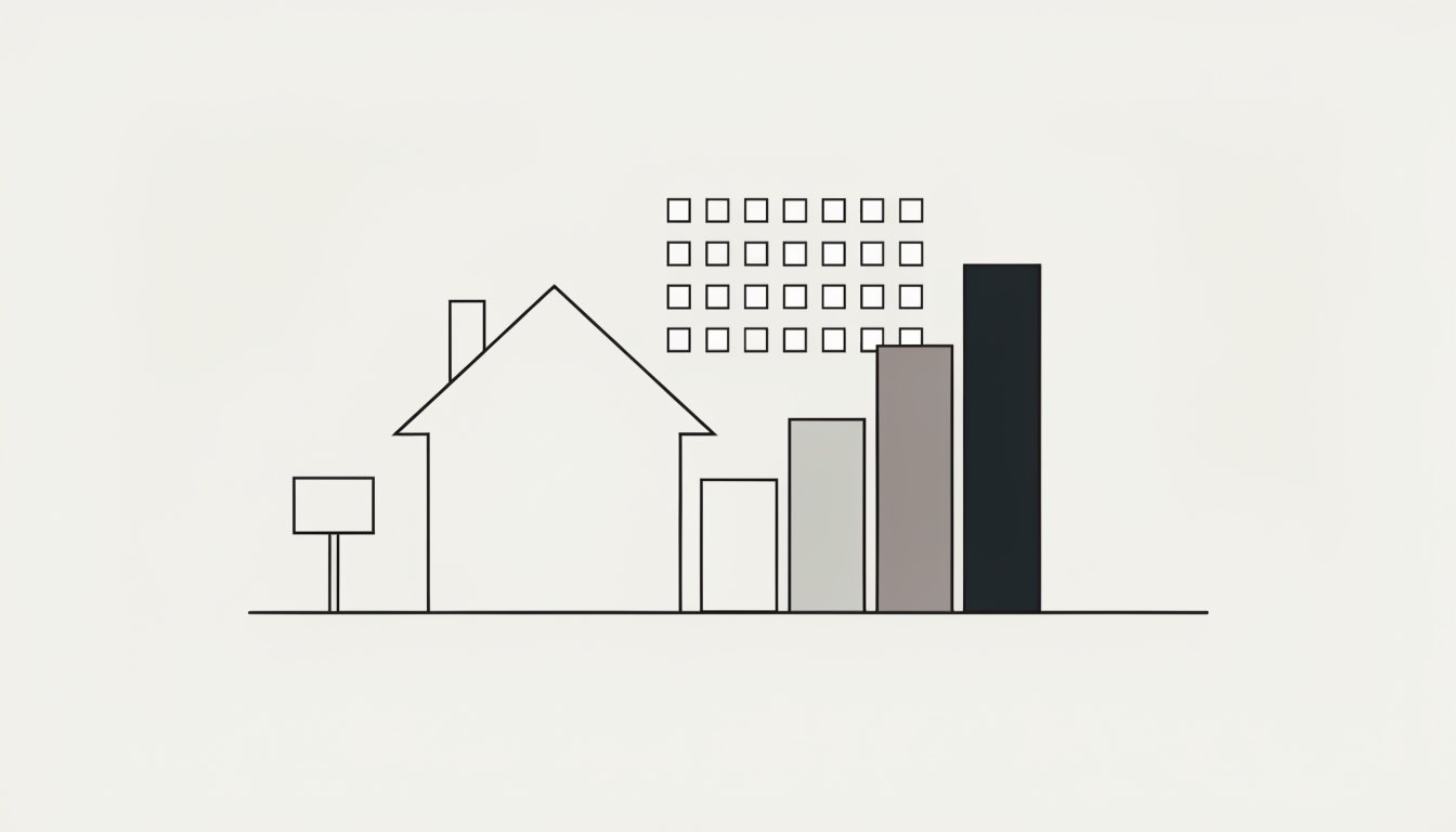 Flat vector illustration of a house with a lawn sign beside a chart of ascending bars and an empty calendar grid