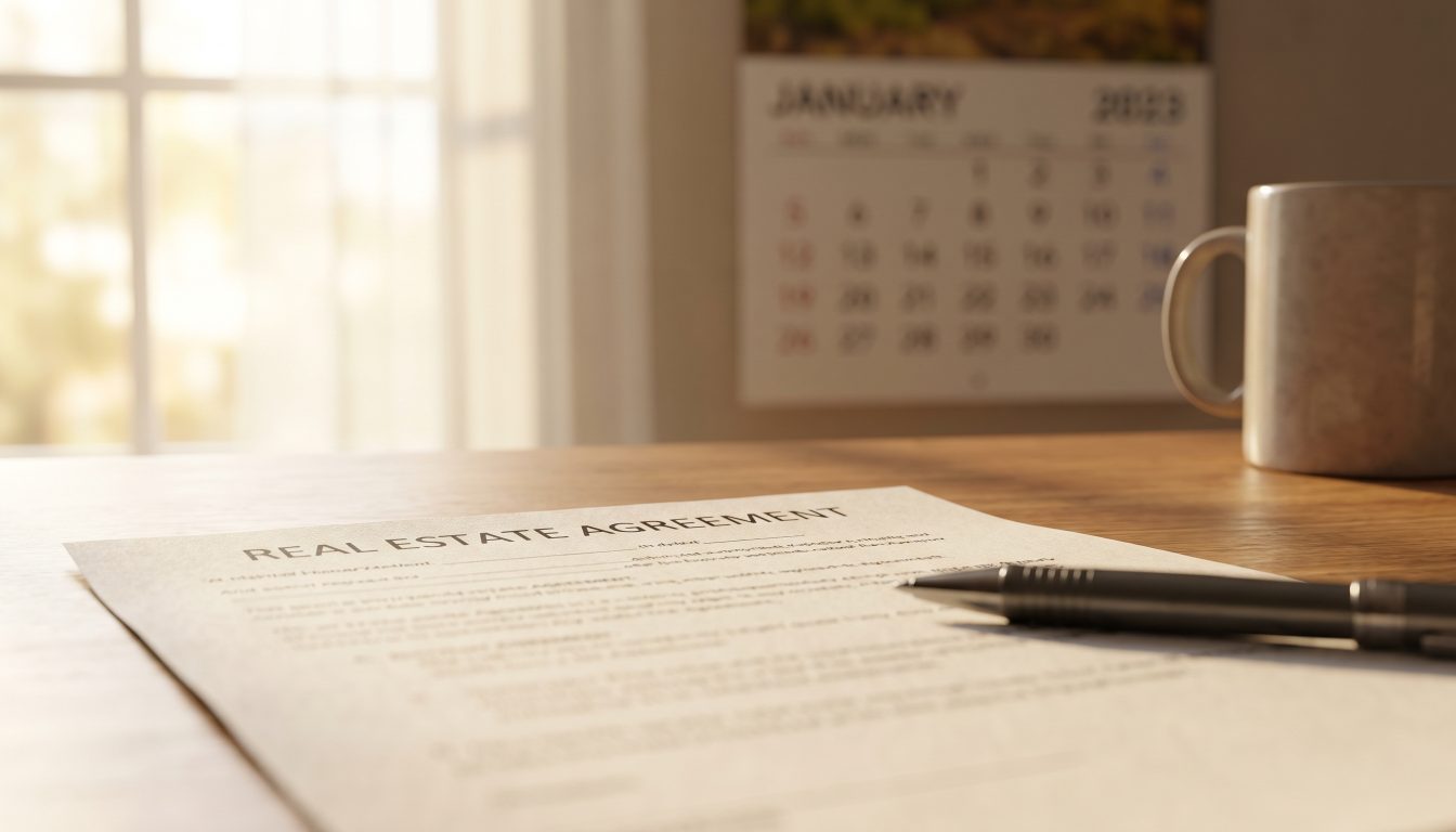 An agreement of purchase and sale on a kitchen table with a pen and a calendar behind it (illustrative)