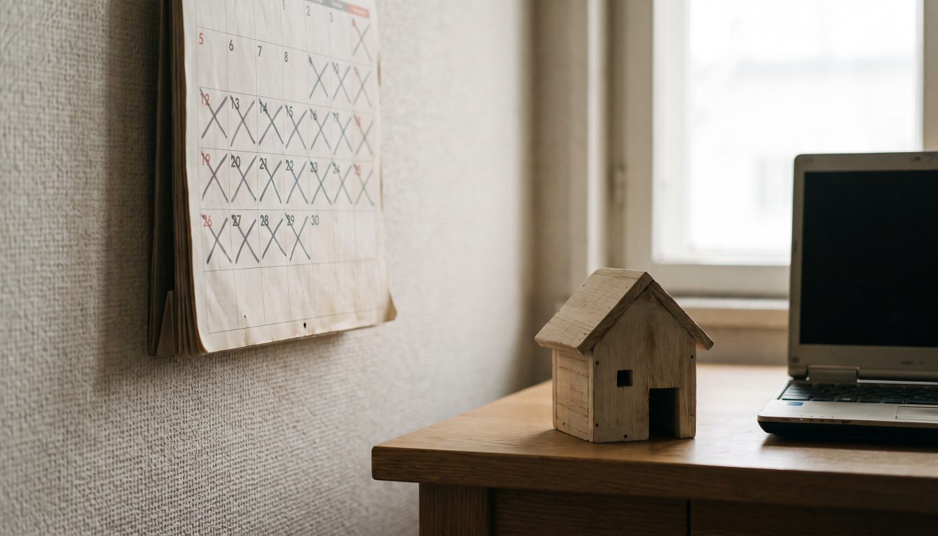 Wall calendar with weeks marked beside a small house model on a desk (illustrative)