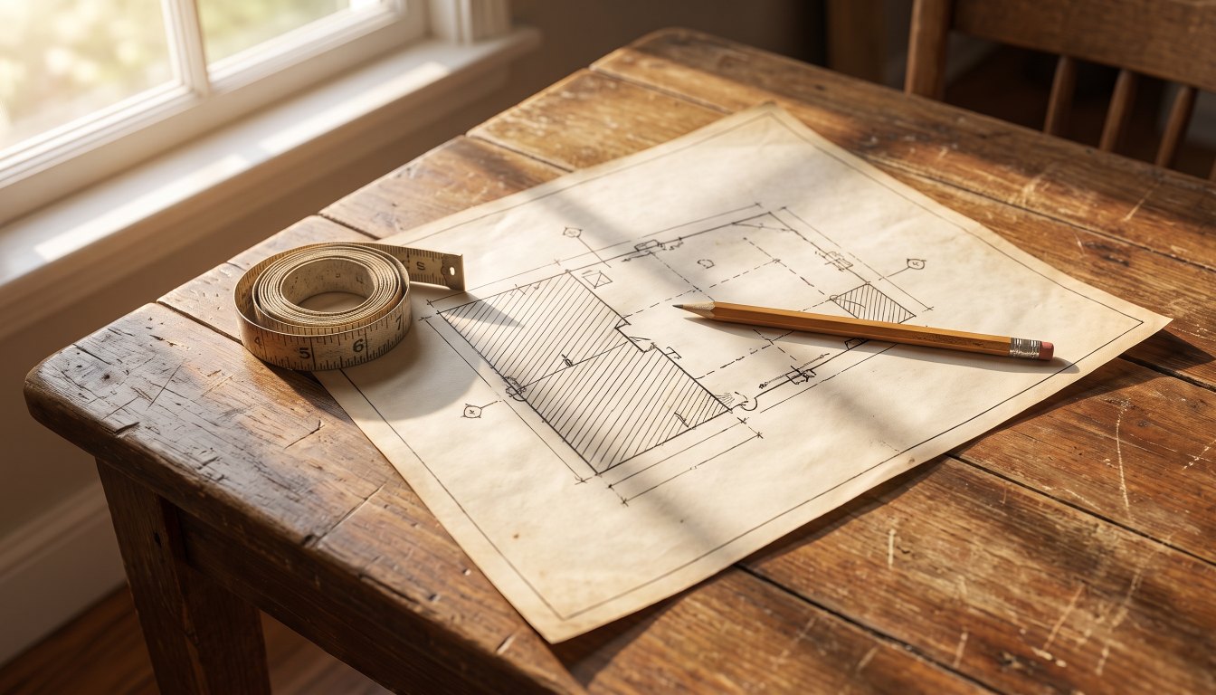 A property survey drawing, a tape measure and a pencil on a large wooden table