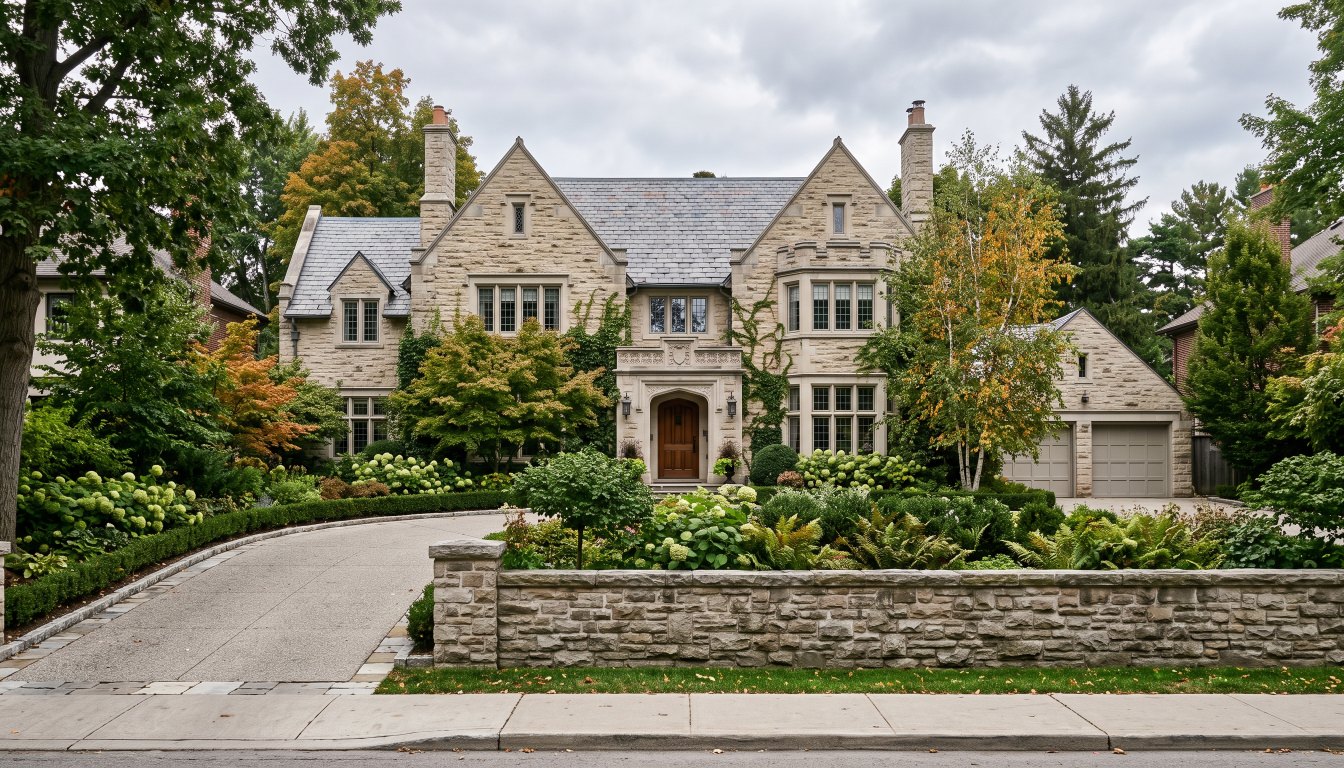 A large limestone detached house in Toronto set behind a low stone wall and mature garden