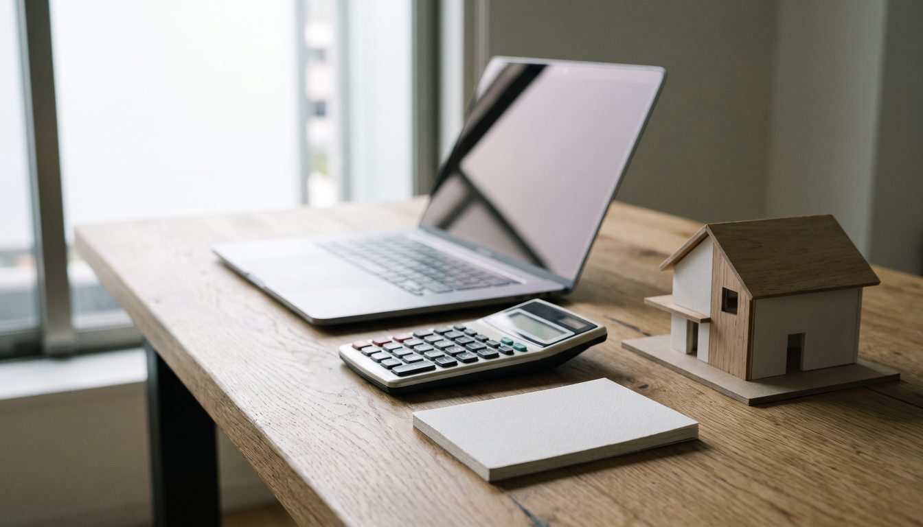 Desk with laptop, calculator, documents and a model house (illustrative)