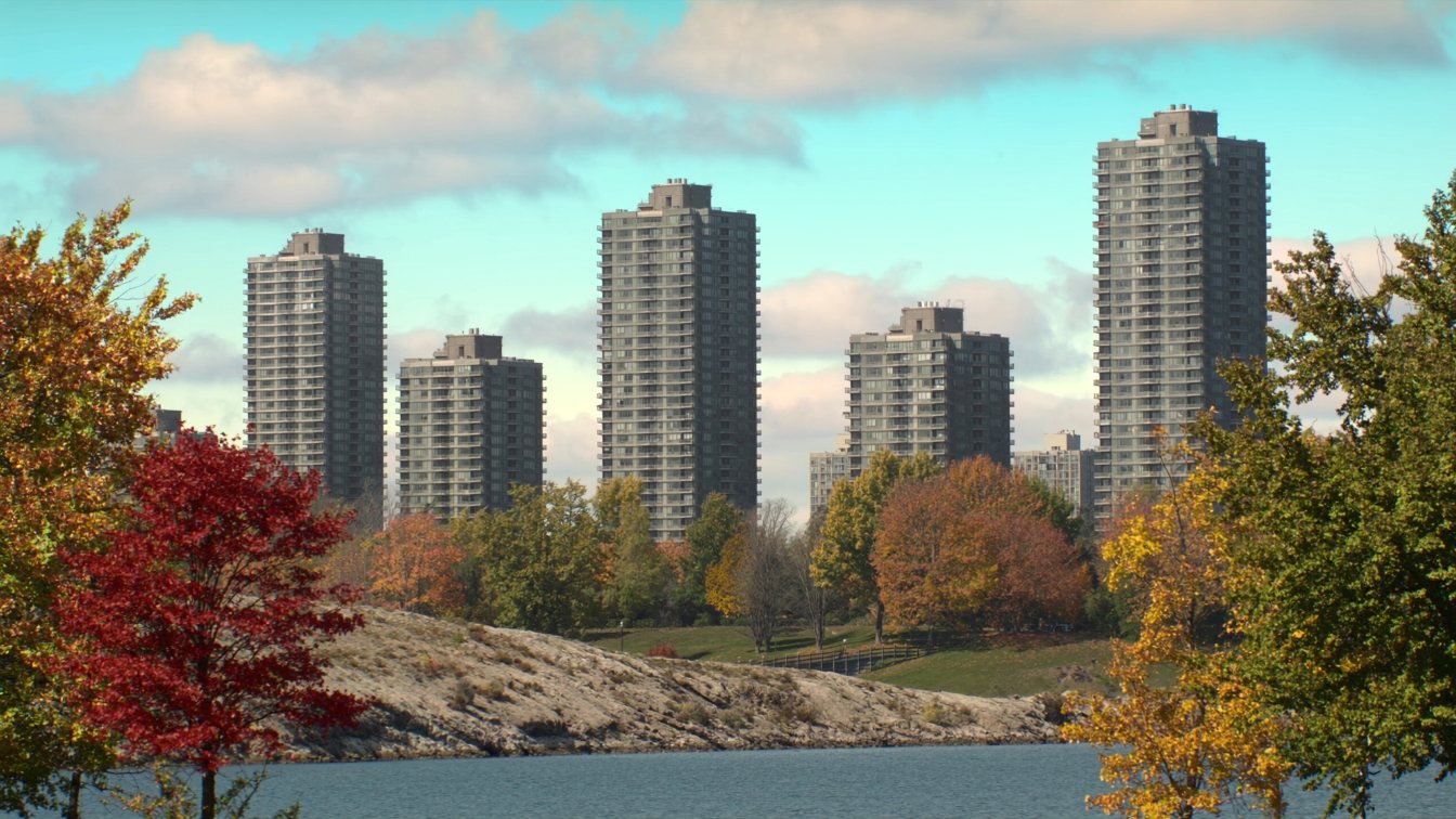 Condominium towers above the Brampton skyline on a clear autumn afternoon (illustrative)