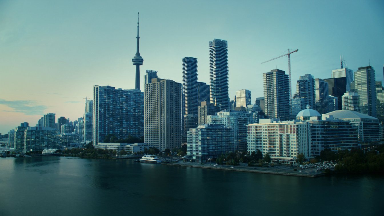 Downtown Toronto condominium towers along the waterfront seen from the harbour