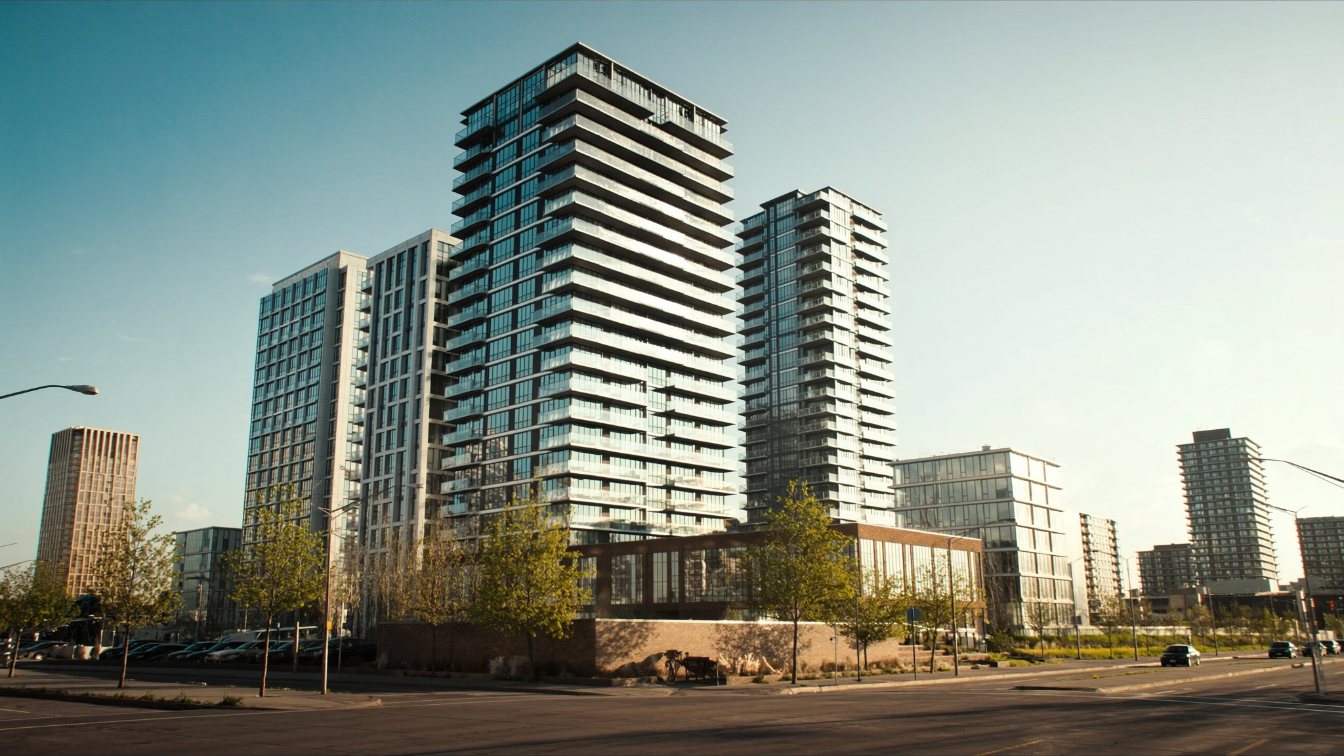 New condominium towers in Vaughan's metropolitan centre at sunset