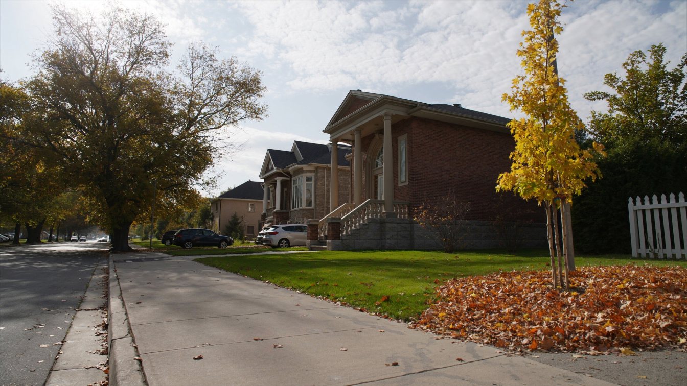 Two-storey detached houses with mature trees on a quiet residential street in York Region north of Toronto (illustrative)