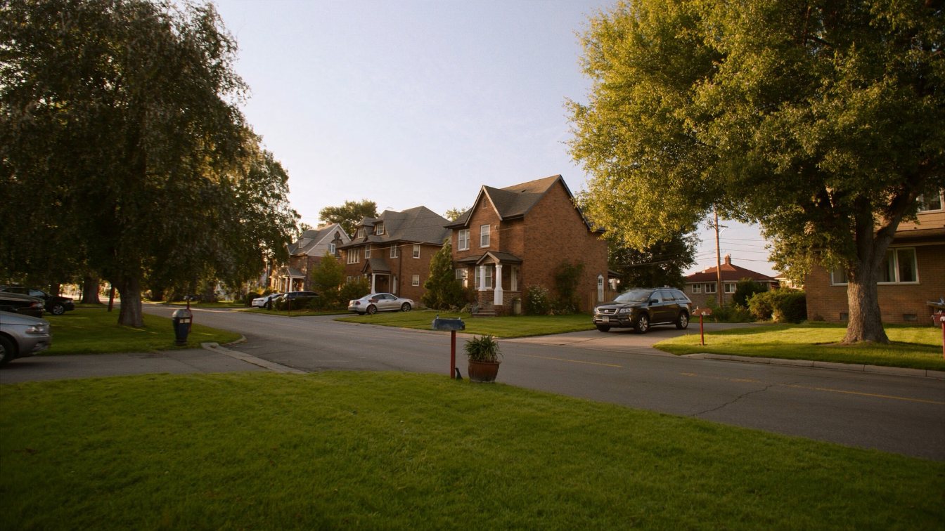 Tree-lined North York residential street with detached two-storey houses and wide front lawns in late summer (illustrative)