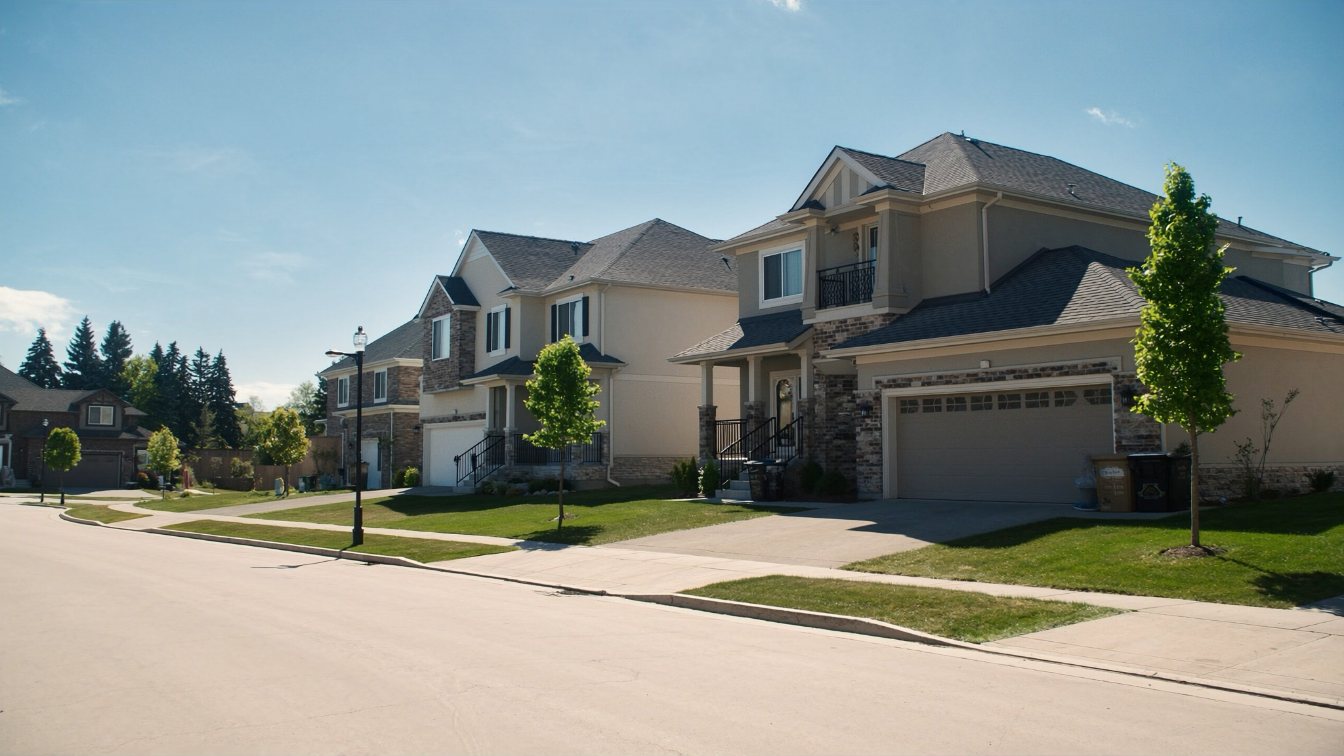 Row of two-storey detached family houses with front porches and garages on a quiet street in Durham Region (illustrative)