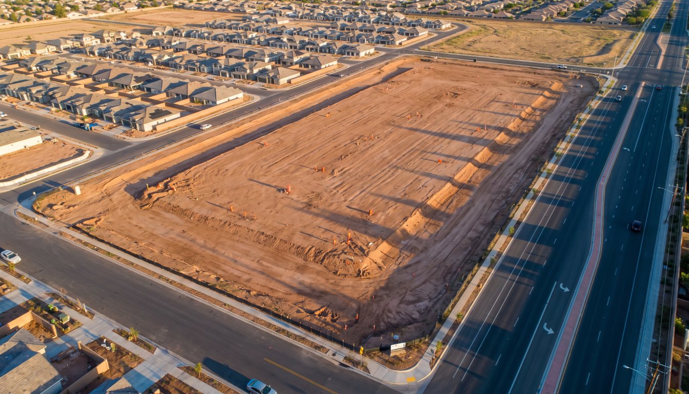 Aerial view of a vacant development parcel beside a new GTA subdivision