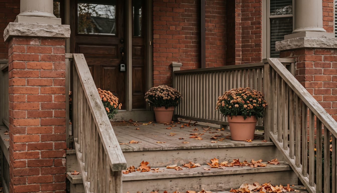 Front porch of a Toronto detached home with a lockbox and autumn leaves (illustrative)