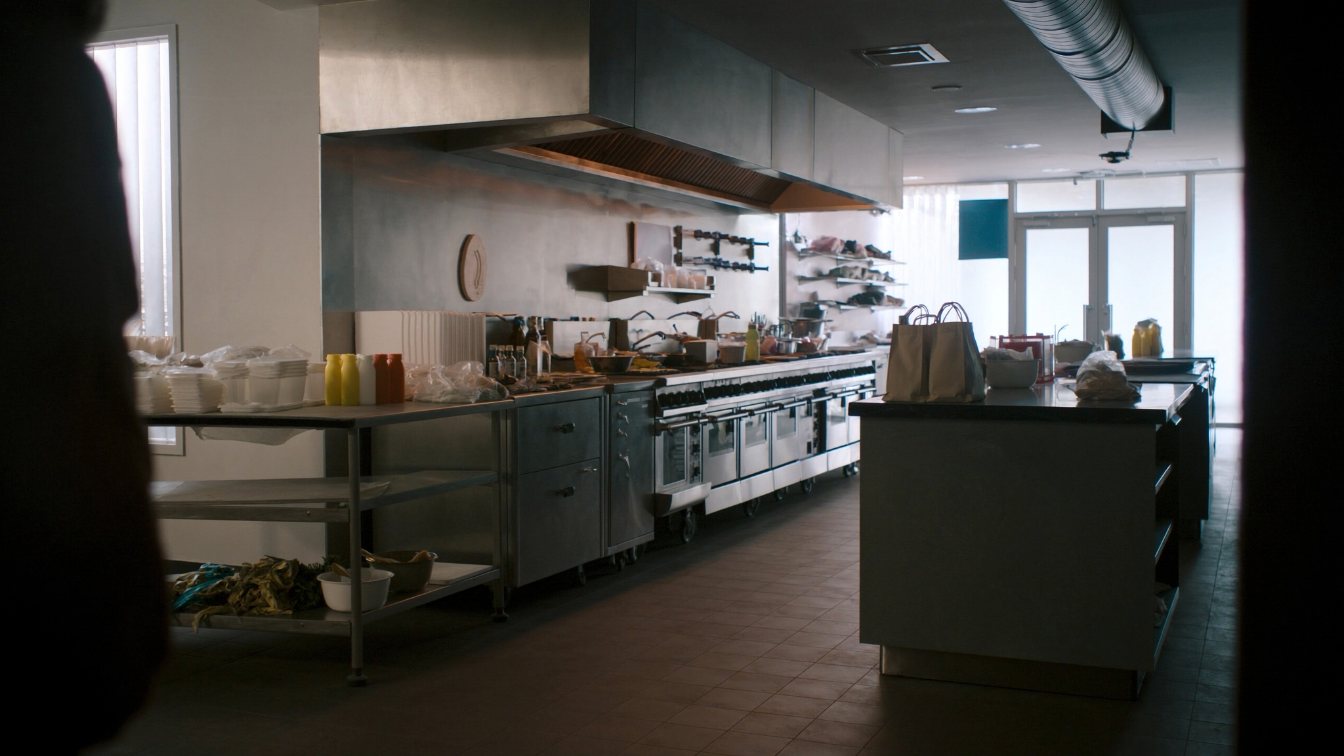 Restaurant kitchen line with stainless steel equipment, range and hood during a quiet afternoon (illustrative)