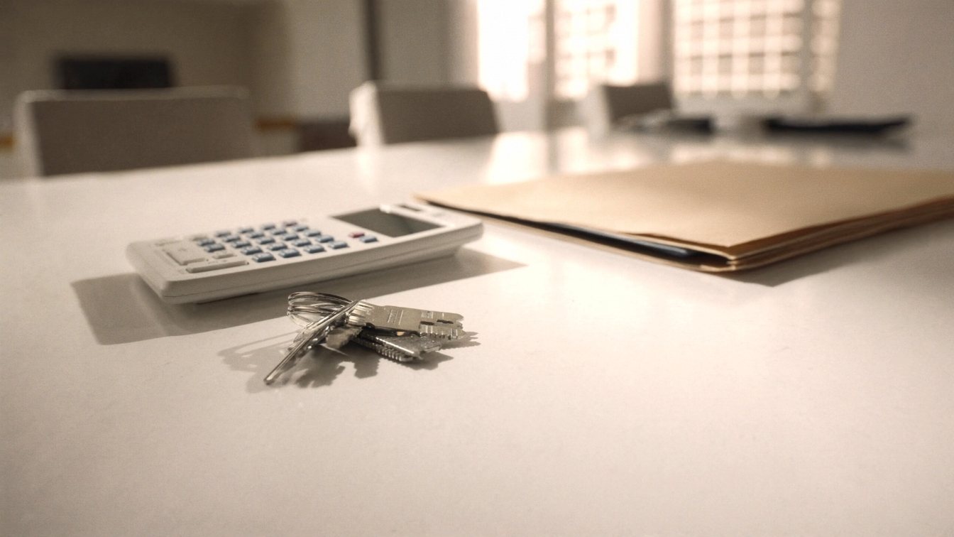 Kitchen counter with house keys, a calculator and a folder of closing documents (illustrative)