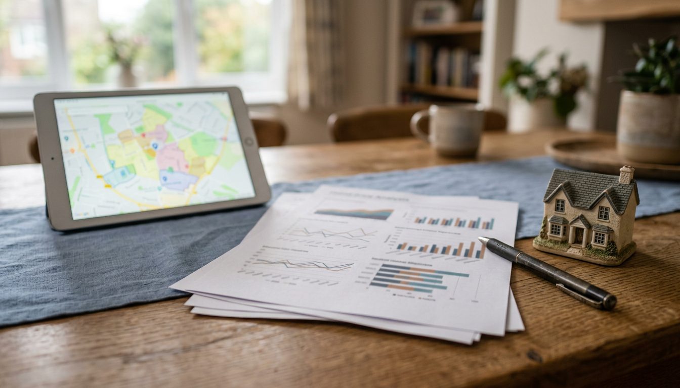 Price analysis materials with charts, tablet map and a model house on a table (illustrative)