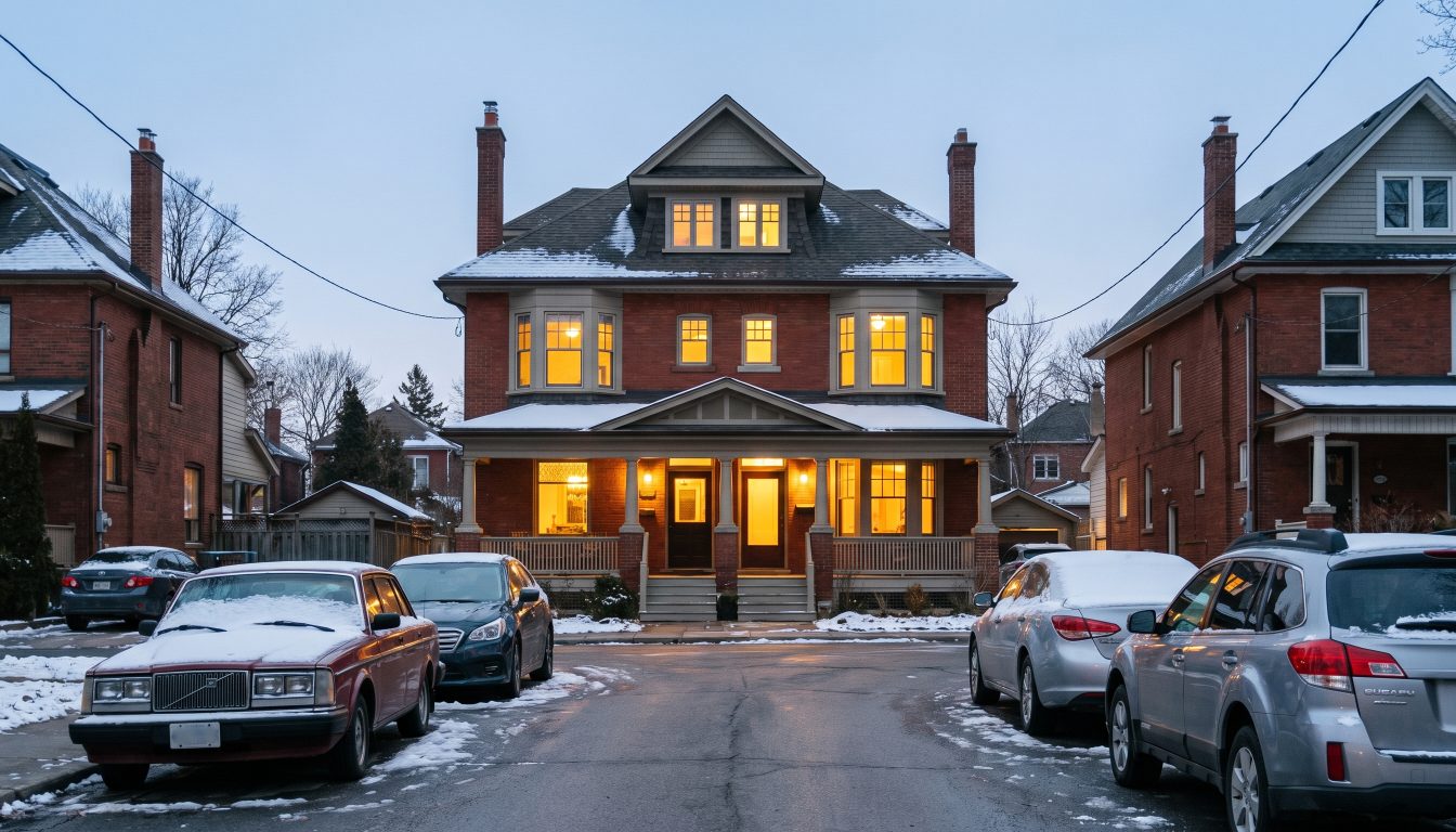 Detached Toronto home at dusk with lights on and cars along the street (illustrative)