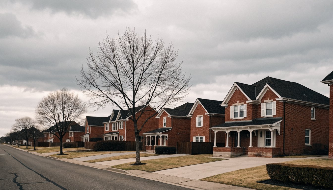 A suburban street of detached houses, illustrating HST on the sale of a property used for short-term rentals.