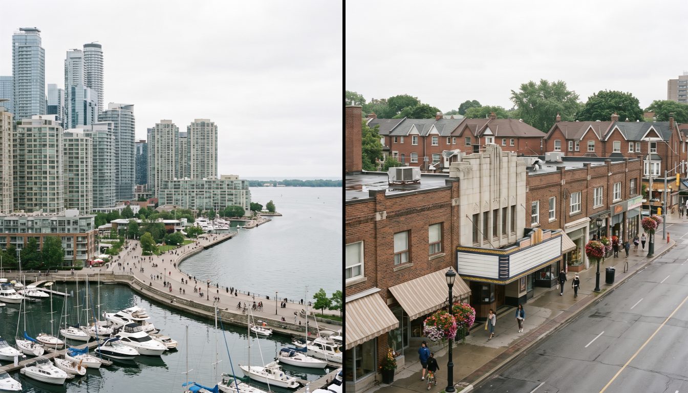 Lake Ontario condo balconies in Humber Bay Shores beside a brick semi on a leafy Bloor West Village street near the shops