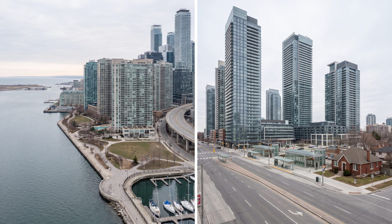 Lakefront condo towers at Humber Bay Shores and high-rise blocks above Kipling subway station in Islington-City Centre West