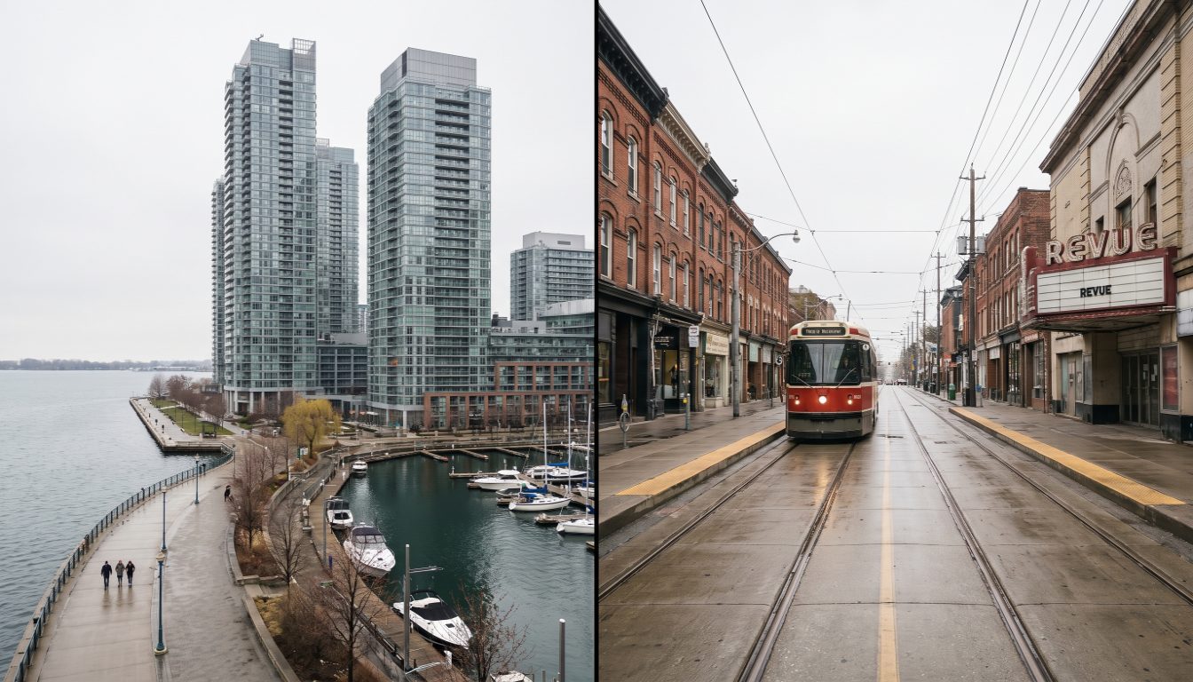 Glass condo towers built since 2011 in Humber Bay Shores and a row of pre-1960 brick houses on a Roncesvalles side street