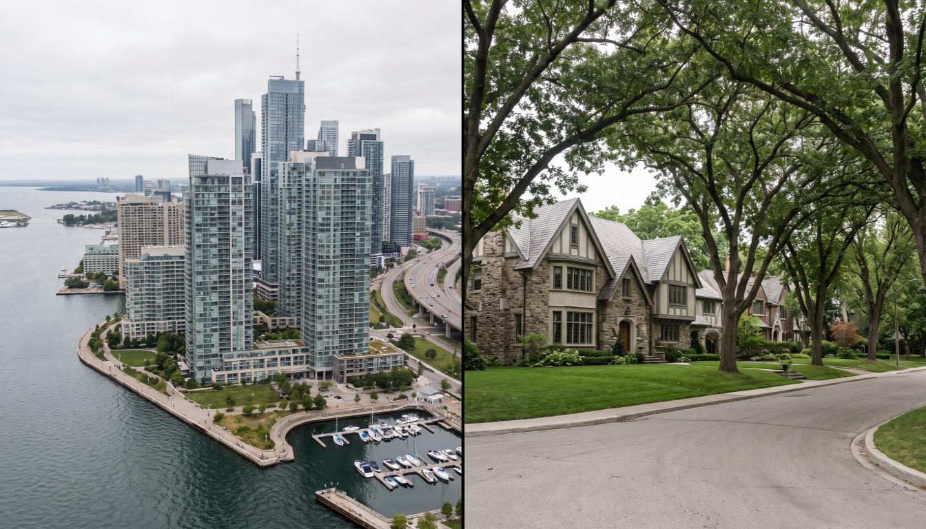 Condo towers on Marine Parade Drive in Humber Bay Shores beside a stone Arts and Crafts house on a tree-lined Kingsway street