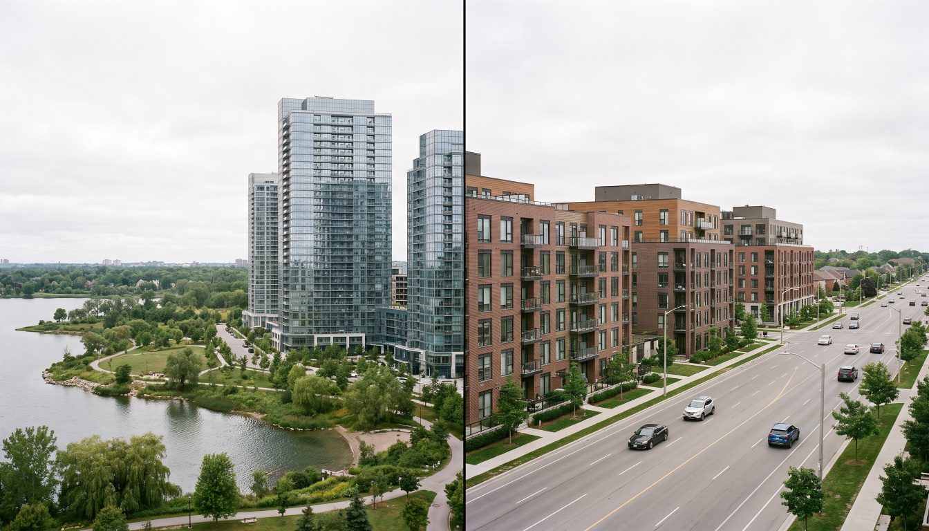 Split image of lakefront condo towers and new mid-rise condos on a suburban avenue (illustrative)