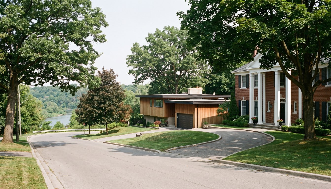 Mid century and Georgian revival houses on an Etobicoke street sloping toward a river valley