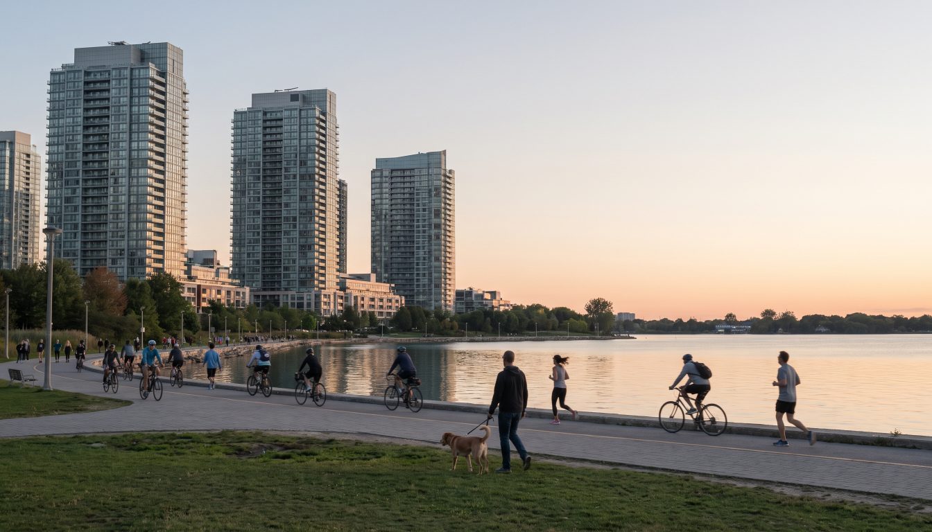 Waterfront trail with cyclists and joggers beside condo towers and Lake Ontario in Humber Bay Shores (illustrative)