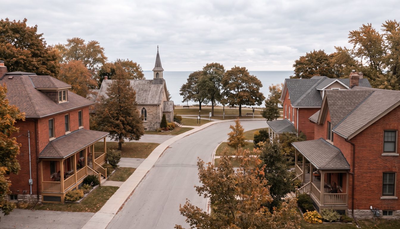 Lakeside Toronto village street with older brick houses leading to a waterfront park (illustrative)