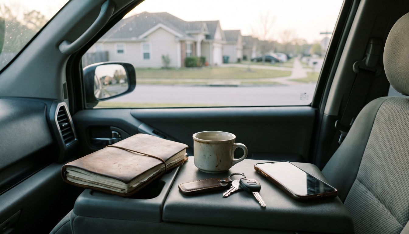 Car keys, phone and notebook on a seat in front of a suburban home (illustrative)